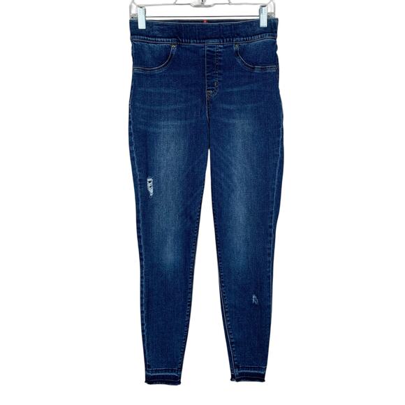 Spanx Skinny Jeans Distressed Pull On Elastic Waist Stretchy Blue Women's M - Picture 1 of 10